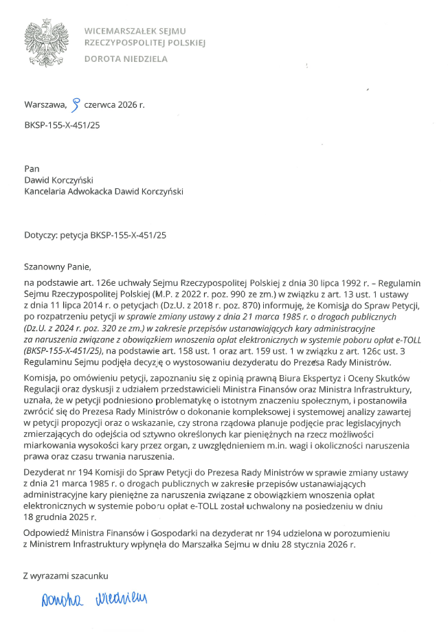 Pismo Wicemarszałka Sejmu z 9 czerwca 2026 r. w sprawie e-TOLL
